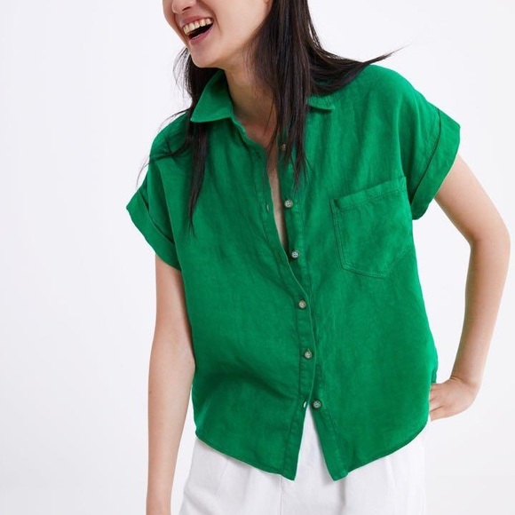 Zara Kelly Green Linen Pocket Cropped Blouse - M - Picture 2 of 14